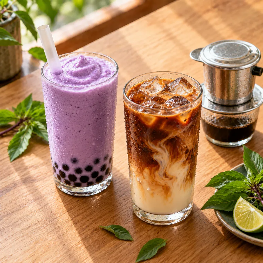 Taro boba smoothie and Vietnamese iced coffee