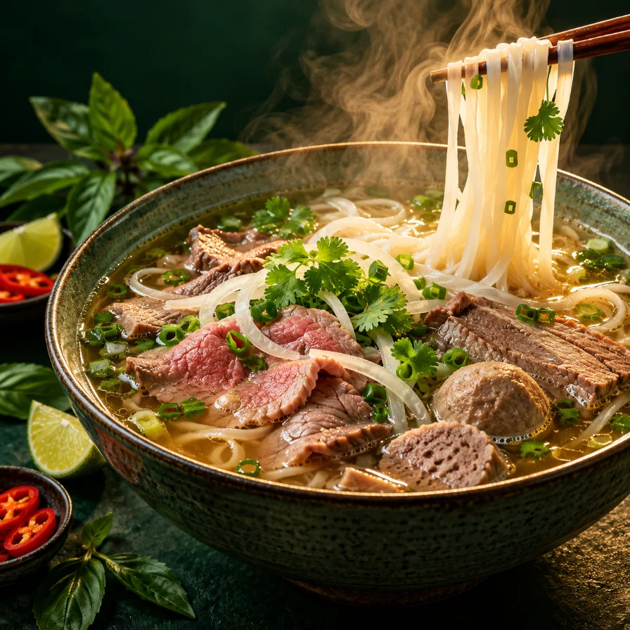 Steaming bowl of Phở Deli house special with rare beef, brisket, meatballs and fresh herbs